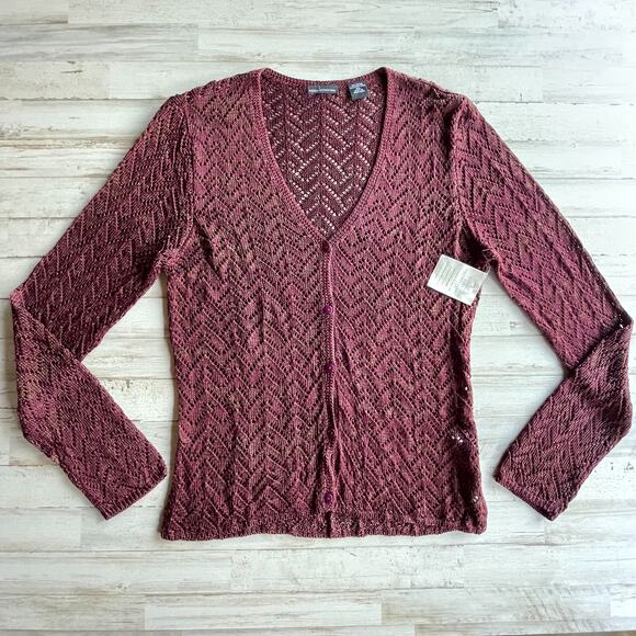 MODA International Burgundy Wine Gold Lurex Knit Cardigan Sweater SZ XL C101355 - Picture 1 of 6
